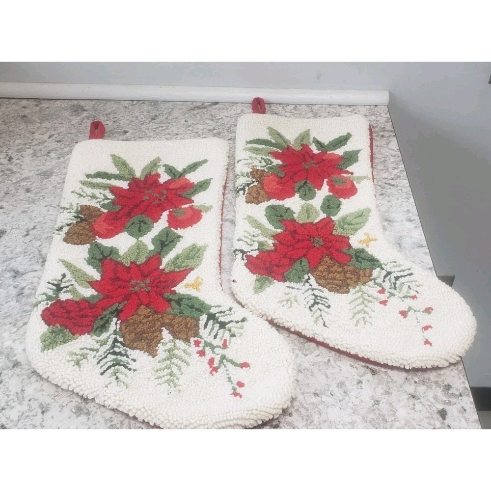 Latch Hook Christmas Stockings Red Poinsettia Set Of 2 Home Accents
